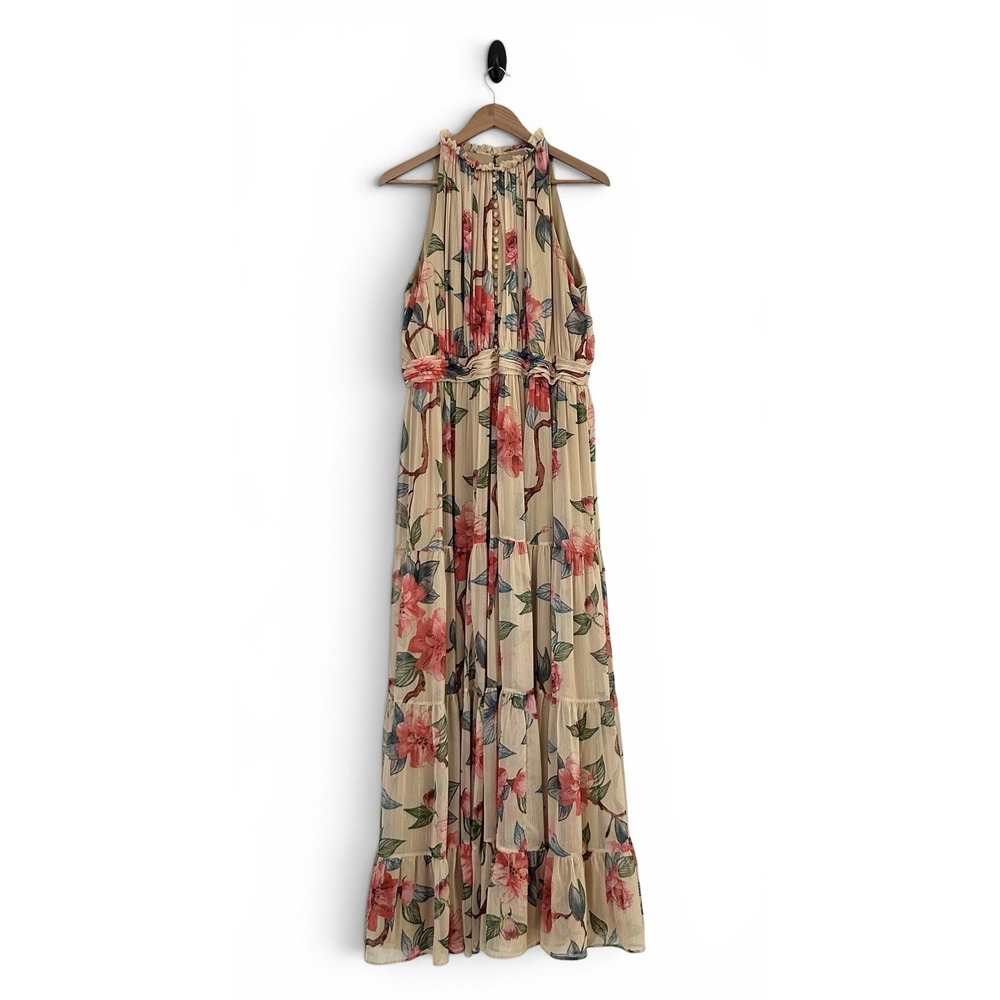 Ieena for Mac Duggal Women's 16 Beige Multicolor Floral Chiffon Maxi Tier Dress - Picture 2 of 16